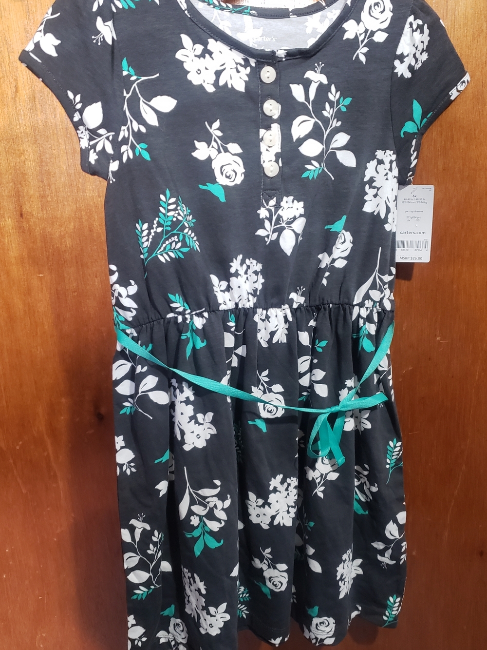 Carter's Charcoal Knit Dress with White Floral and Teal Accents
